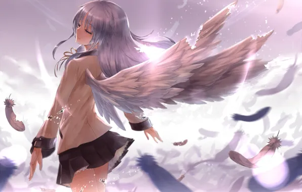 Девушка, свет, крылья, ангел, перья, Tachibana Kanade, Angel Beats