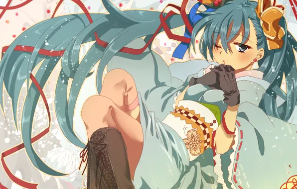 Девушка, арт, кимоно, vocaloid, hatsune miku, вокалоид, aquasnow