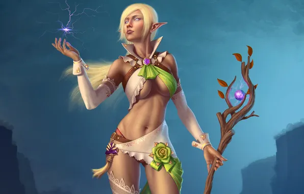 Эротика, грудь, девушка, тело, посох, girl, fantasy, эльфийка