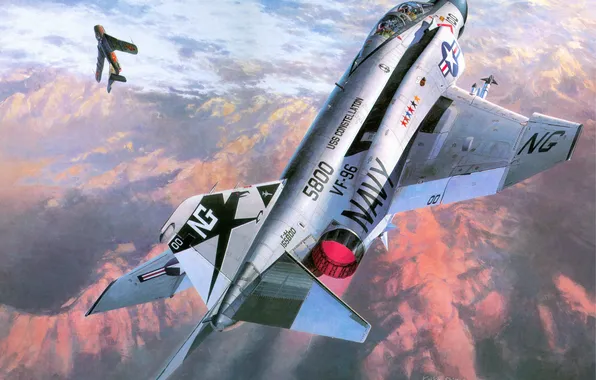 Картинка небо, рисунок, истребитель, американский, ВВС, самолёты, многоцелевой, Phantom II
