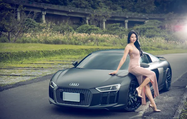 Картинка авто, взгляд, Девушки, Audi R8, красивая девушка, Jasmine, позирует над машиной, азиака
