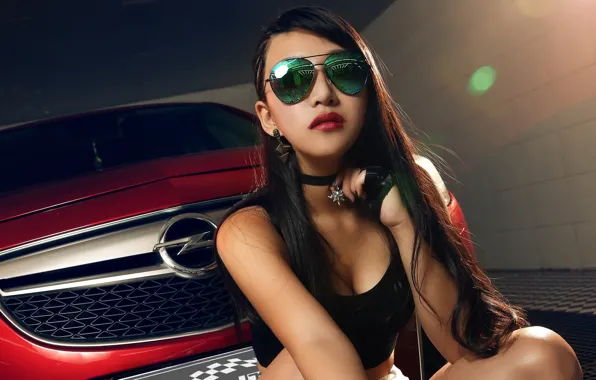 Взгляд, Девушки, очки, Opel, азиатка, красивая девушка, красный авто