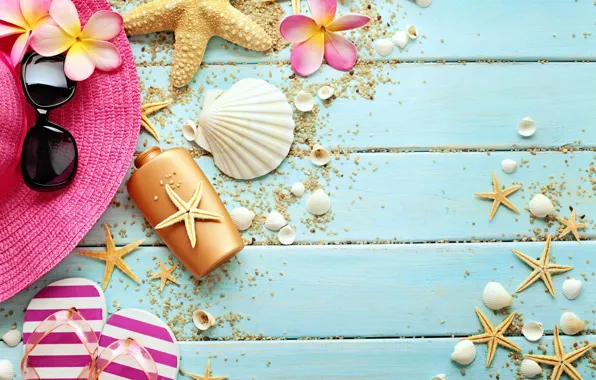 Картинка шляпа, цветы, accessories, vacation, морская звезда, marine, сланцы, seashells