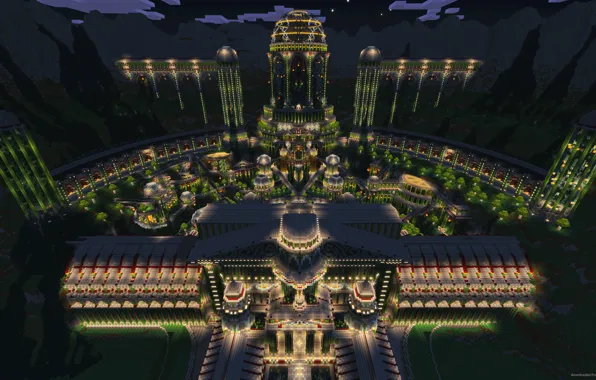 Деревья, ночь, огни, башня, блоки, освещение, дворец, Minecraft