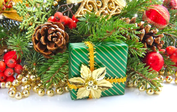 Подарок, игрушки, елка, ель, ветка, Новый Год, Рождество, бусы