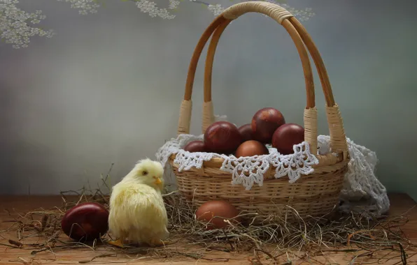 Картинка праздник, корзина, яйца, Пасха, цыплёнок, салфетка, крашенки, Ковалёва Светлана