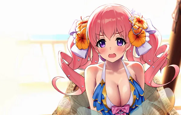 Girl, sexy, cleavage, pink hair, long hair, boobs, anime, flowers