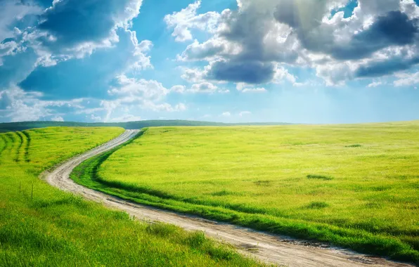 Дорога, зелень, поле, трава, облака, борозды