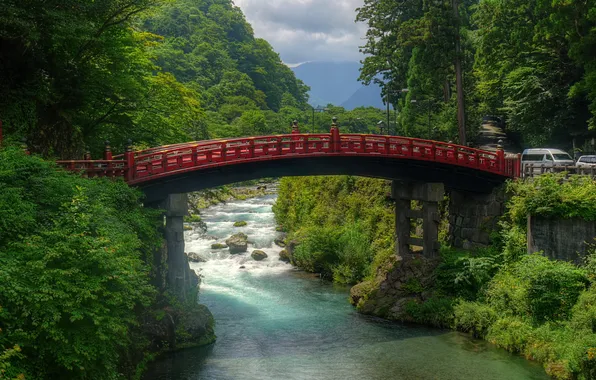 Картинка лес, горы, мост, река, Япония, Japan, камни., Никко