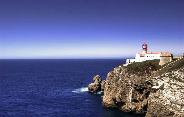 Картинка море, небо, скала, маяк, горизонт, Португалия, Сагреш