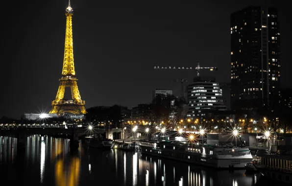 Ночь, огни, река, Франция, Париж, дома, фонари, Эйфелева башня