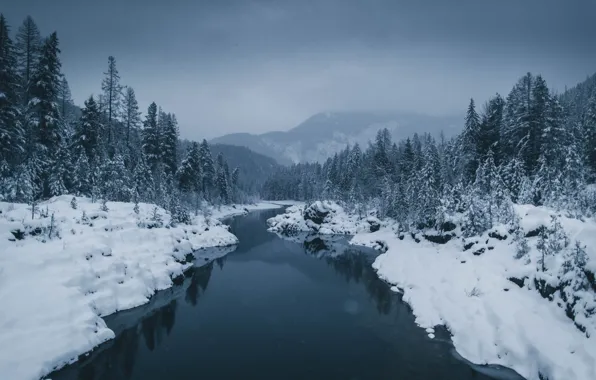 Зима, Горы, Река, Снег, Лес