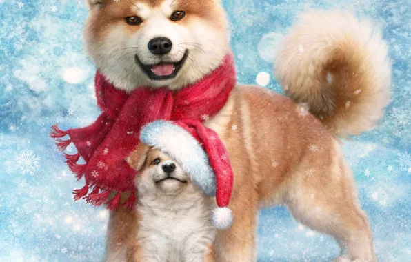 Картинка собаки, снежинки, птица, шарф, щенок, Новый год, снегирь, колпак