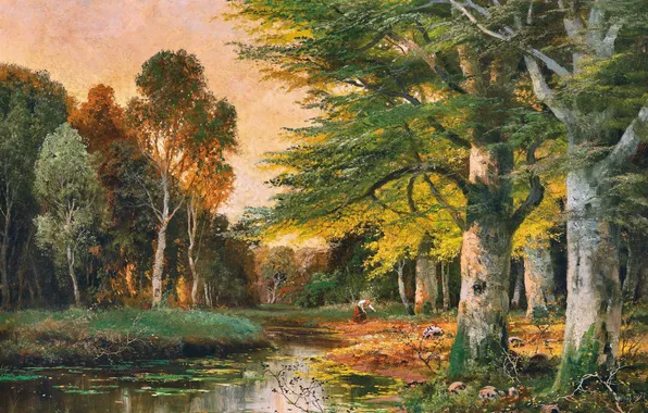 Девушка, Деревья, Картина, Речка, Alois Arnegger, Алоис Арнеггер, Австрийский живописец, Сборщица хвороста в осеннем лесу