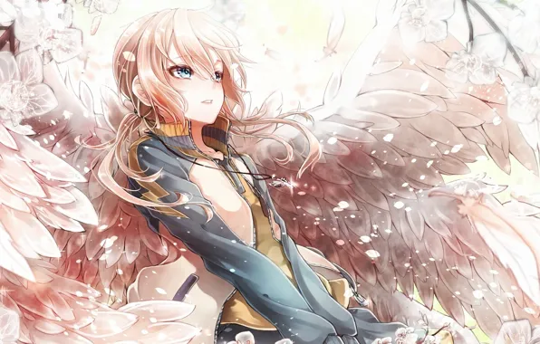 Девушка, аниме, сакура, арт, ангел. крылья. весна