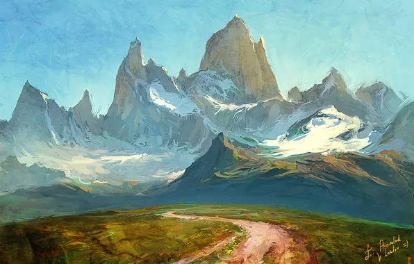 Картинка дорога, зелень, трава, снег, горы, холм, арт