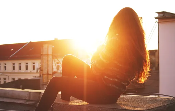 Крыша, девушка, солнце, закат, улица, волосы