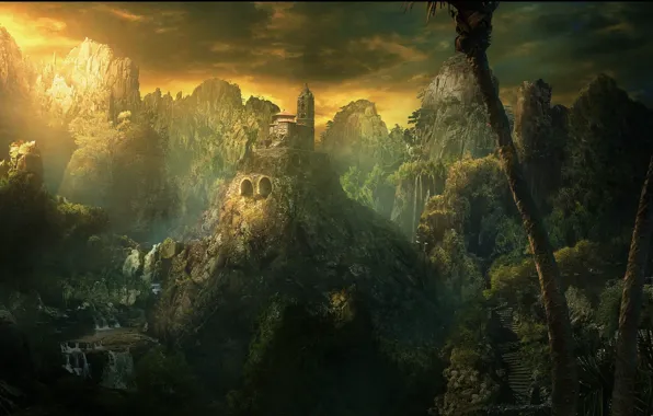 Green, dark, fantasy, forest, trees, landscape, yellow, mountains