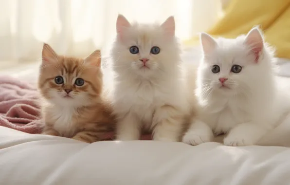 Кошка, кот, взгляд, поза, котенок, котята, мордашка, трио
