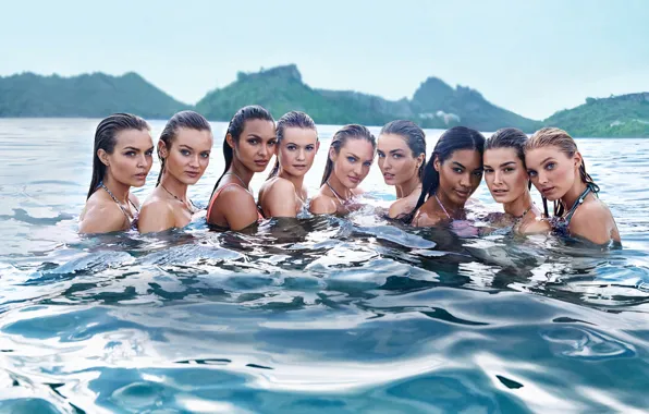 Море, девушки, модели, мокрые, в воде, Candice Swanepoel, Elsa Hosk, Victoria's Secret Angel