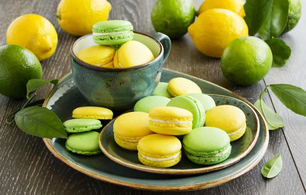 Лимон, печенье, тарелка, чашка, лайм, фрукты, желтое, зеленое
