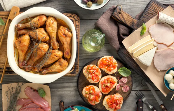 Картинка курица, хлеб, мясо, овощи, помидоры, оливки, соус, wood