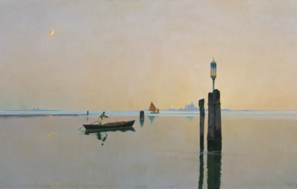 Лодка, масло, картина, холст, морской пейзаж, Ричард Бергольц, Лагуны в Мурано