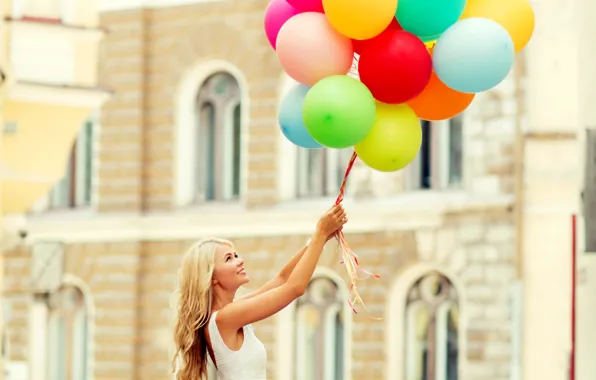 Шарики, радость, счастье, воздушные шары, girl, happy, woman, smile