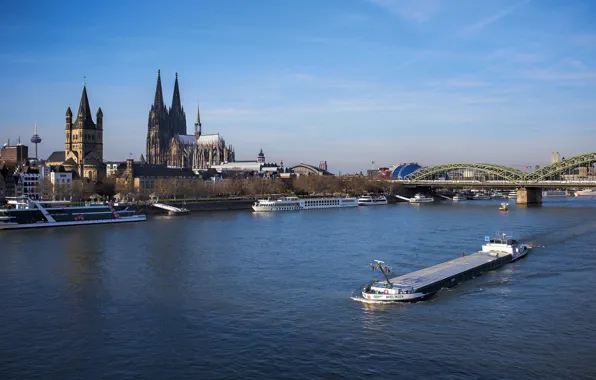 Картинка мост, река, Германия, Кёльнский собор, баржа, Кёльн, Рейн