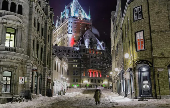 Картинка зима, ночь, огни, улица, дома, Канада, Квебек, замок Фронтенак