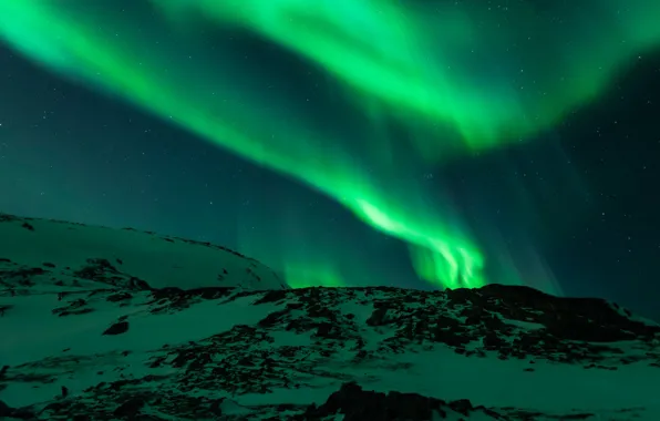 Снег, горы, сияние, Norway, полярное сияние, Aurora Borealis