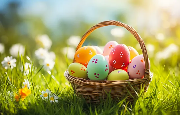 Картинка цветы, корзина, поляна, яйца, весна, colorful, Пасха, happy
