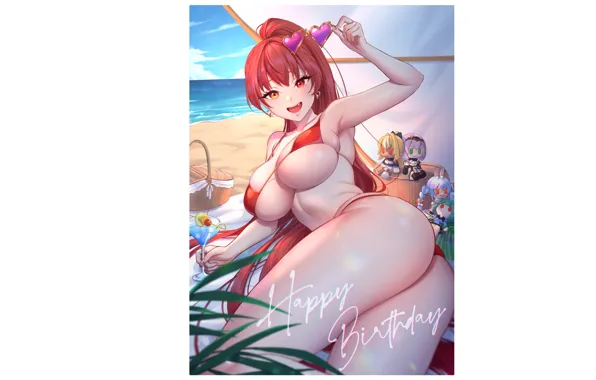 Red, girl, hot, sexy, beach, anime, sand, breasts