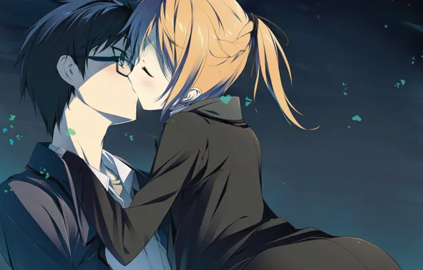 Ночь, поцелуй, очки, сердечки, двое, art, mayo chiki, kinjieou sakamachi