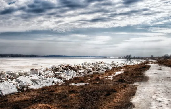 Пейзаж, природа, река, лёд