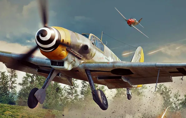 Картинка Деревья, Взлет, Bf-109, Атака, Шасси, Bf.109G-10, ВВС Красной Армии