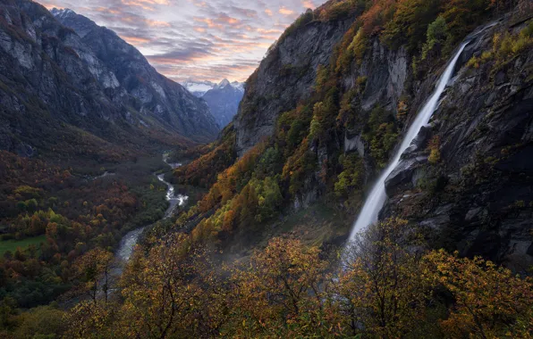 Осень, горы, река, водопад, Швейцария, ущелье