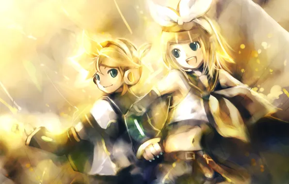 Девушка, наушники, парень, vocaloid, бантик, kagamine rin, вокалоид, kagamine len