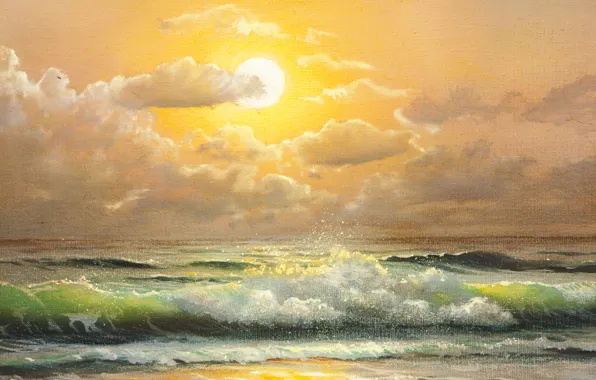 Картинка волны, небо, облака, живопись, море. океан