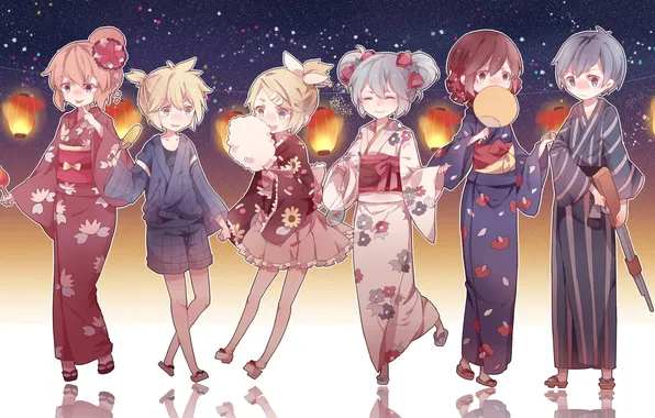 Картинка звезды, девушки, яблоко, кукуруза, арт, фонари, кимоно, парни