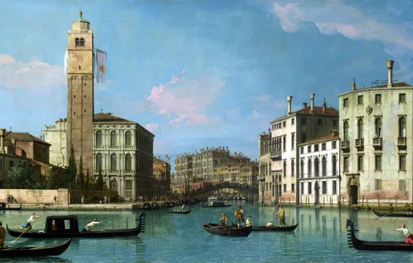 Картинка пейзаж, лодка, дома, картина, Венеция, канал, Canaletto, Venice: Entrance to the Cannaregio