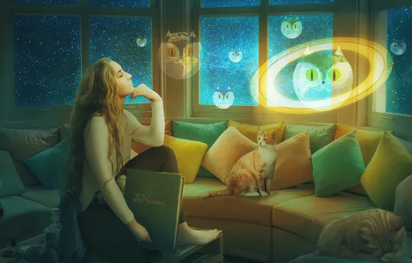 Девушка, кошки, поза, комната, книга