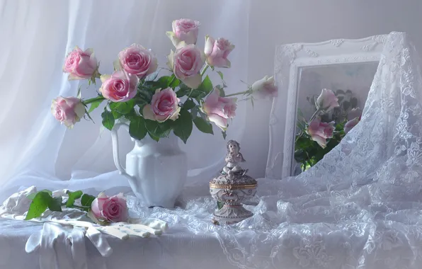 Картинка цветы, стиль, розы, букет, зеркало, перчатки, статуэтка, кружево