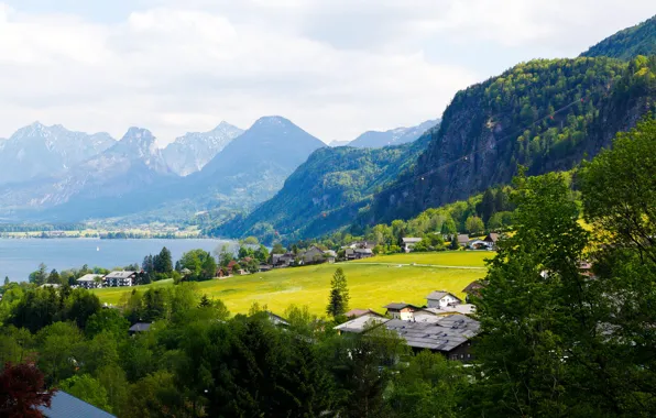 Картинка деревья, горы, озеро, дома, Австрия, Альпы, Salzburg