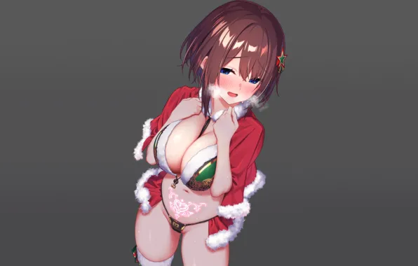 Girl, christmas, sexy, cleavage, thighhighs, brown hair, boobs, anime