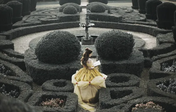 Девушка, сад, платье, фонтан, книга, шатенка, читает, Belle