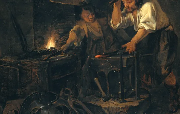 Масло, картина, холст, жанровая, Габриель Метсю, Оружейник