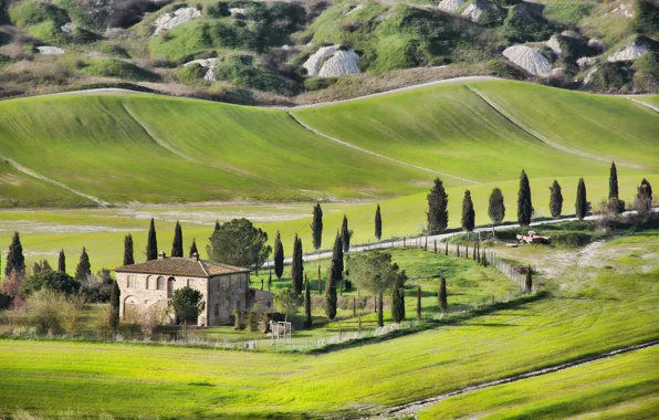 Картинка дорога, небо, дом, дерево, холмы, поля, Италия, Monti Prenestini