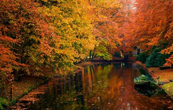 Осень, вода, деревья, фото, романтика, лодка, красота