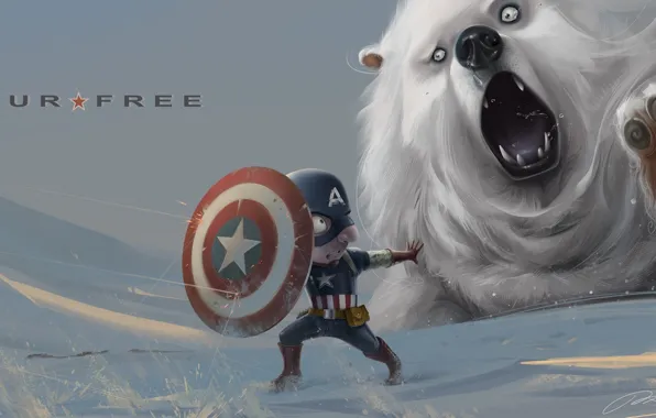 Снег, медведь, арт, щит, captain america